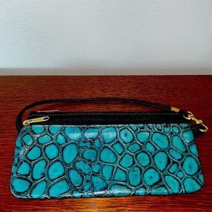 Artist teal leather purse, clutch, or wristlet. Versatile. Handle can relocate.